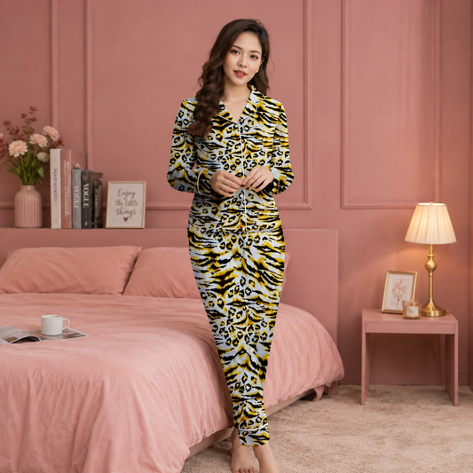 2 Pieces BUTTON DOWN PJ SET (Leopard Print)